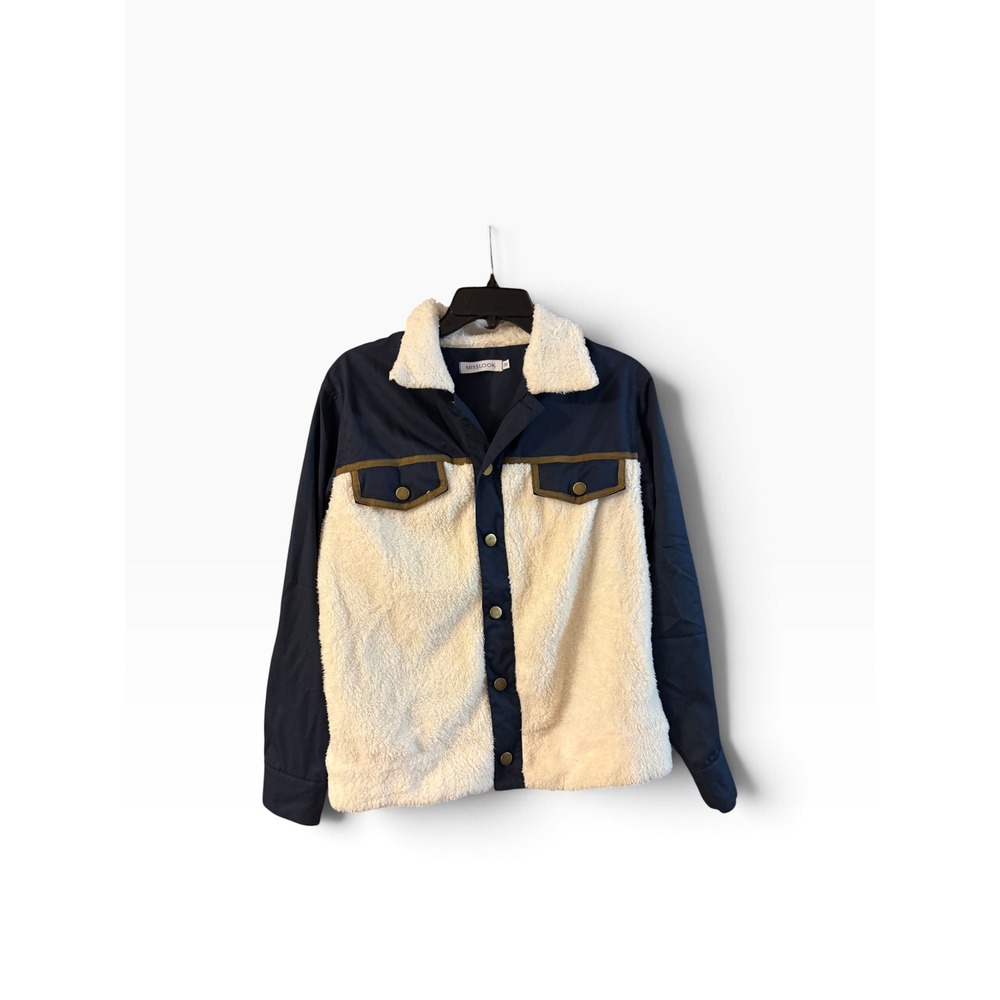 Misslook Navy Blue Sherpa Mixed Media Snap Front Jacket Women Medium